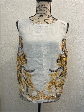 Joie White Top with Yellow and Navy Floral Trim